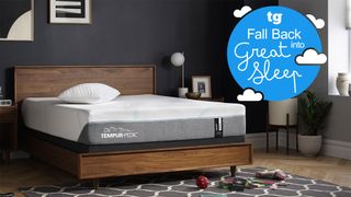 Tempur-Pedic Tempur-Adapt mattress in a bedroom, with a Tom's Guide 'Fall Back into Great Sleep' badge overlaid