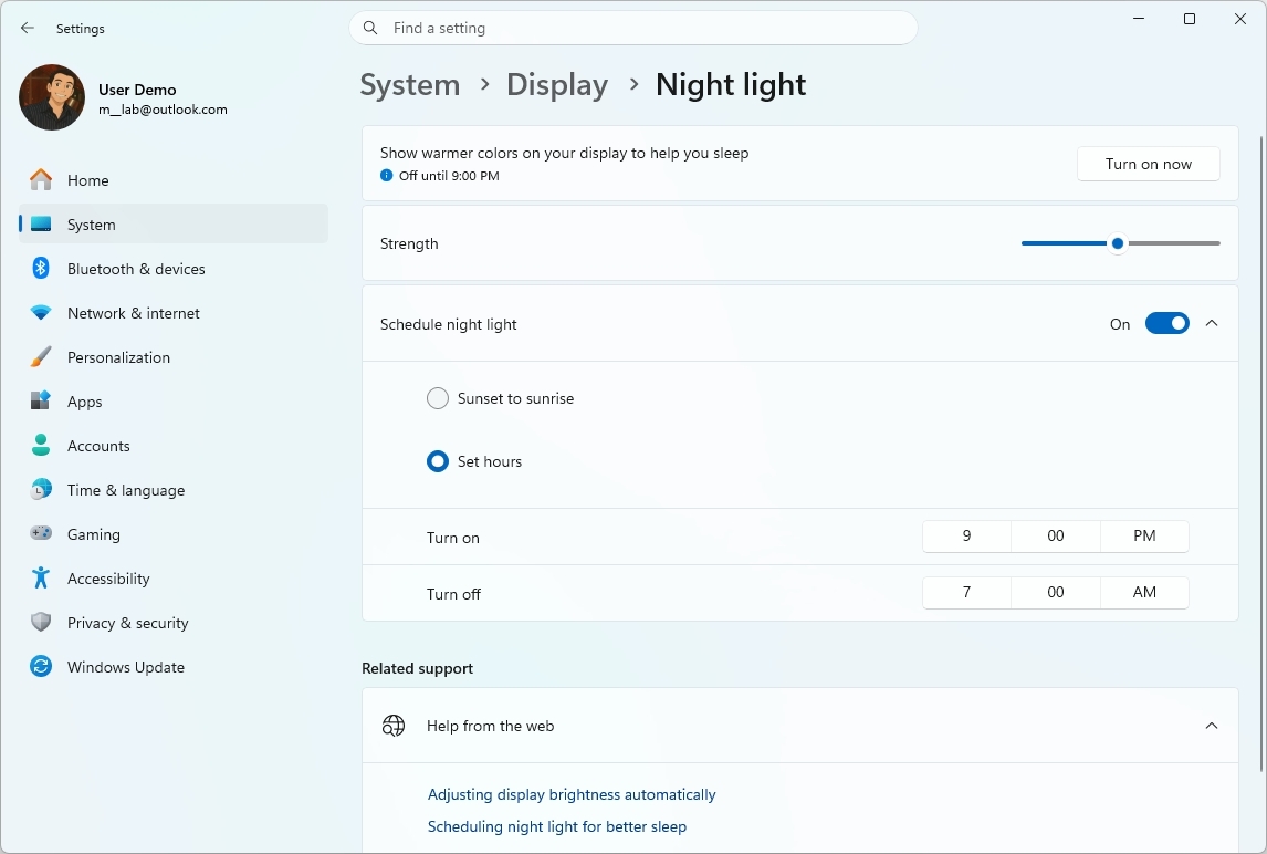 Windows 11 Night Light settings