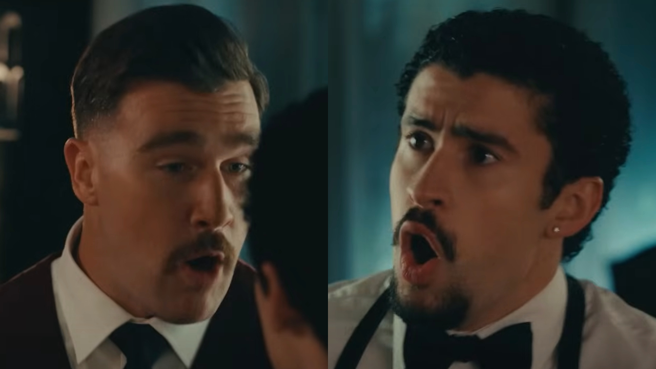 Travis Kelce makes an intimidating face, pictured next to Bad Bunny's shocked reaction, in Happy Gilmore 2.