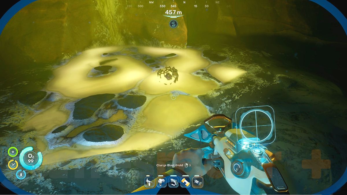 A Subnautica 2 axum bacterial culture sits in the middle of a pool of toxic water in Subnautica 2