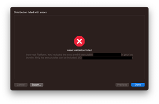 Eine App Store Connect Fehlermeldung, die erklärt, dass das eingereichte iOS-Bundle xrOS-Executables verwendet