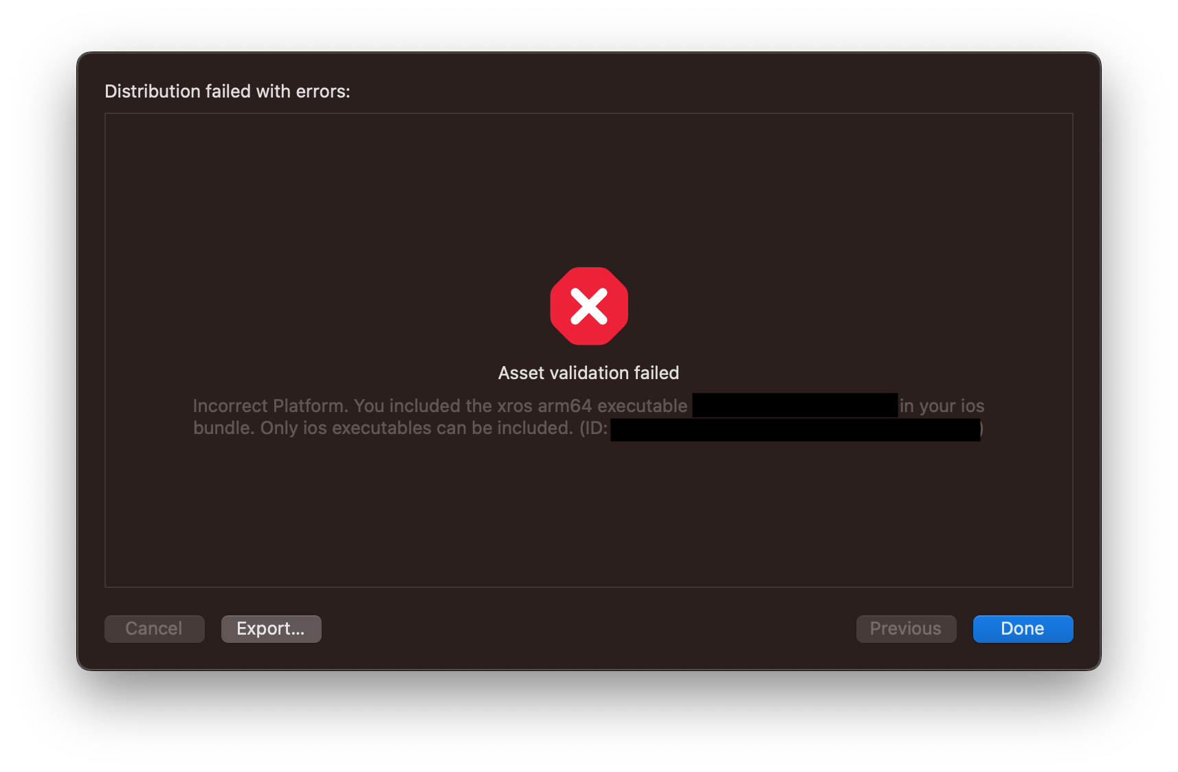 An App Store Connect Error message, it explains that the submitted iOS bundle uses xrOS executables