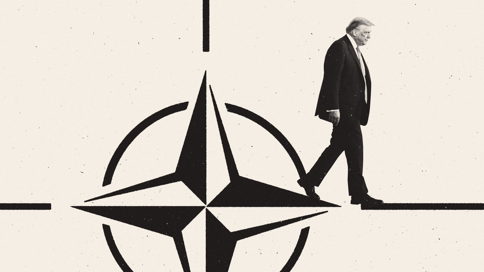 Illustration of Donald Trump walking away from the NATO symbol