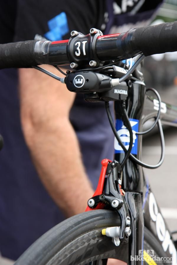 Currently, Magura's hydraulic road rim brakes require a mechanical-to-hydraulic converter mounted underneath the stem.