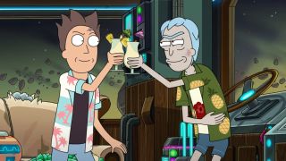 Jerry and Rick cheers with cocktails in RIck and Morty's Jerrick Trap