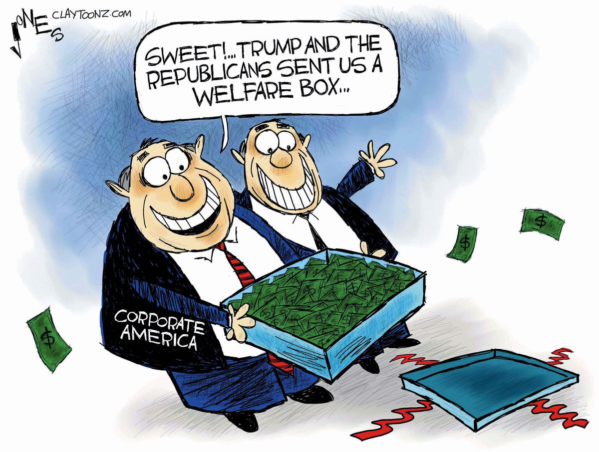 Political cartoon U.S. Trump budget plan tax cuts wealthy harvest box ...