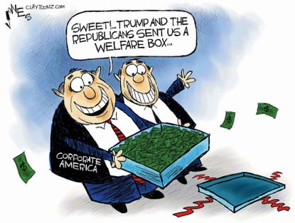Political cartoon U.S. Trump budget plan tax cuts wealthy harvest box