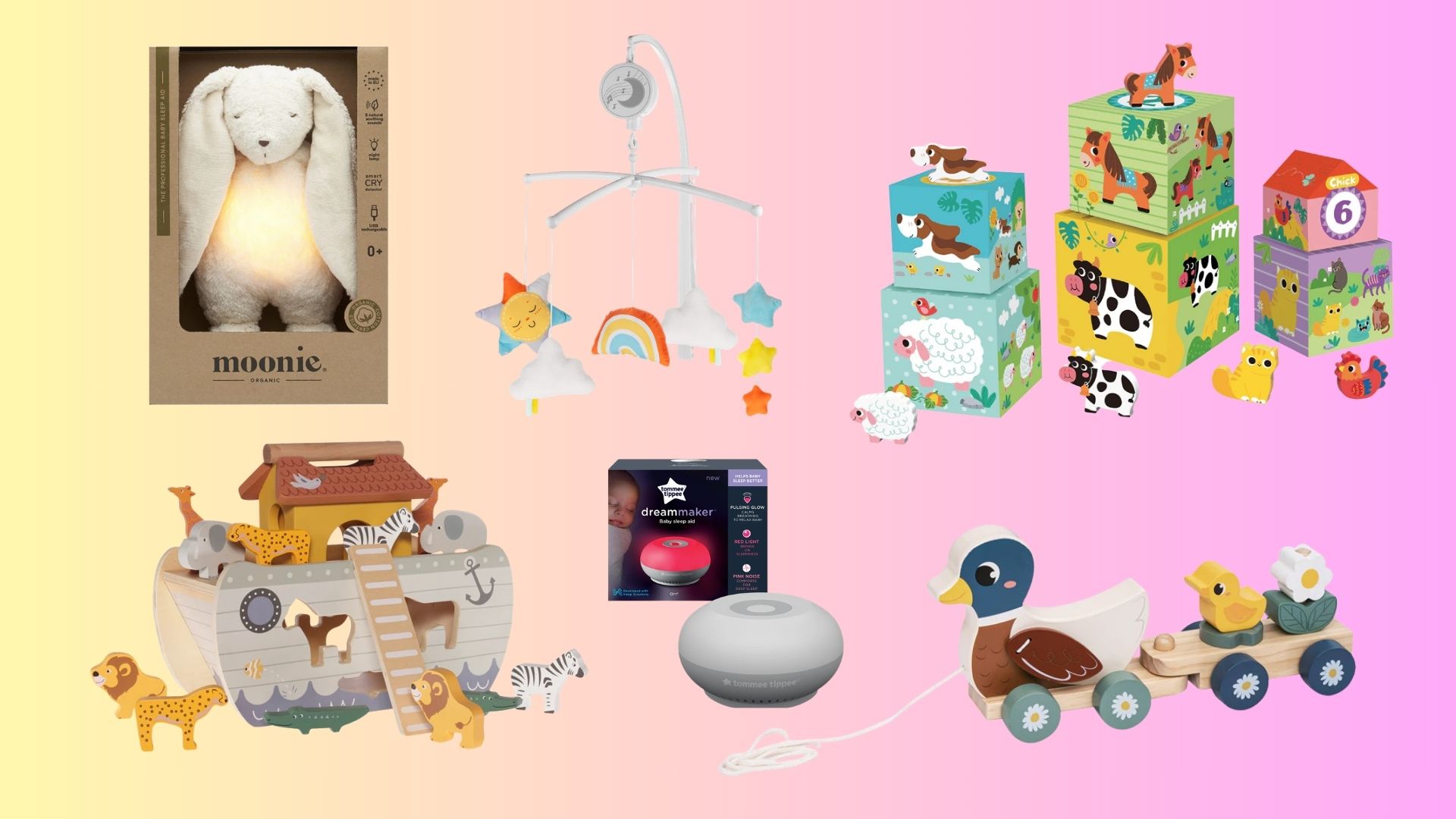 A collage of gifts for babies and toddlers including wooden toys and sleep aids