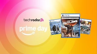A collection of PS5 games including Star Wars Outlaws, God of War Ragnarok and Metaphor: ReFantazio in front of a orange, yellow and pink background that reads 'Prime Day'.