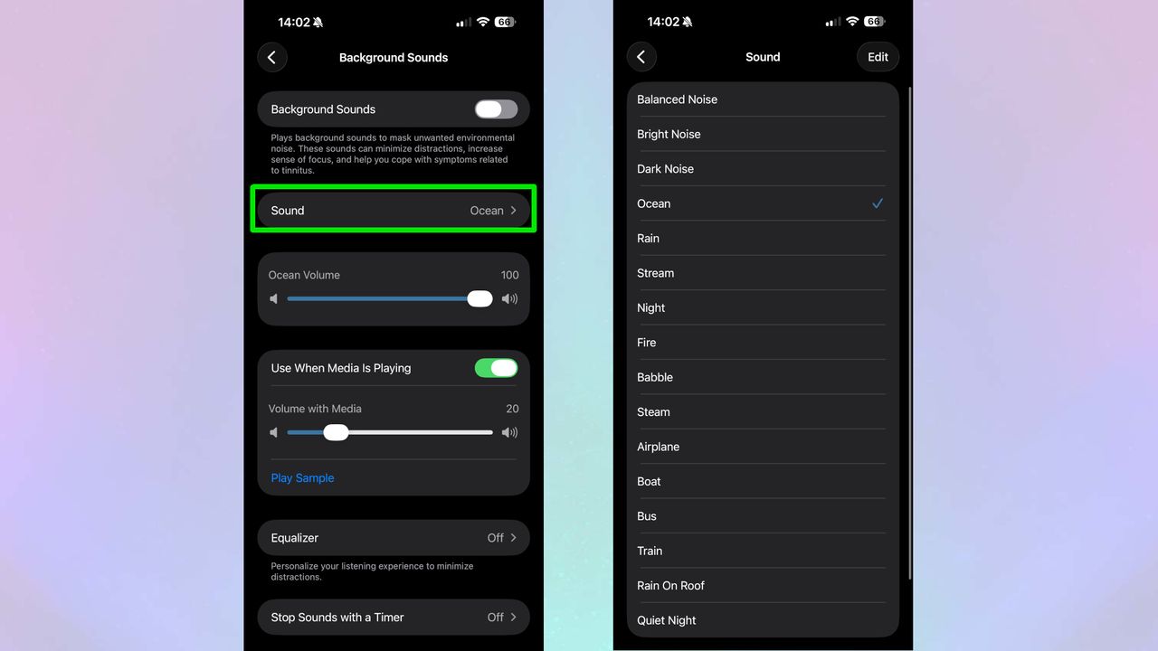 A screenshot of an iPhone displaying how to set up the Background sounds feature.