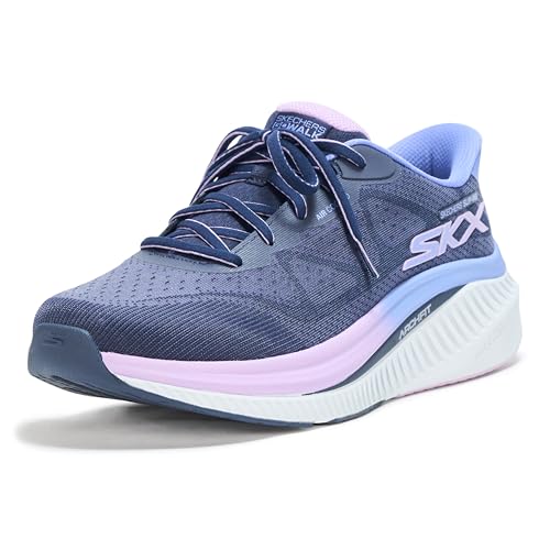 Skechers Women's Max Cushioning Arch Fit Areena Hands Free Slip-Ins Sneaker, Navy/lavender, 9