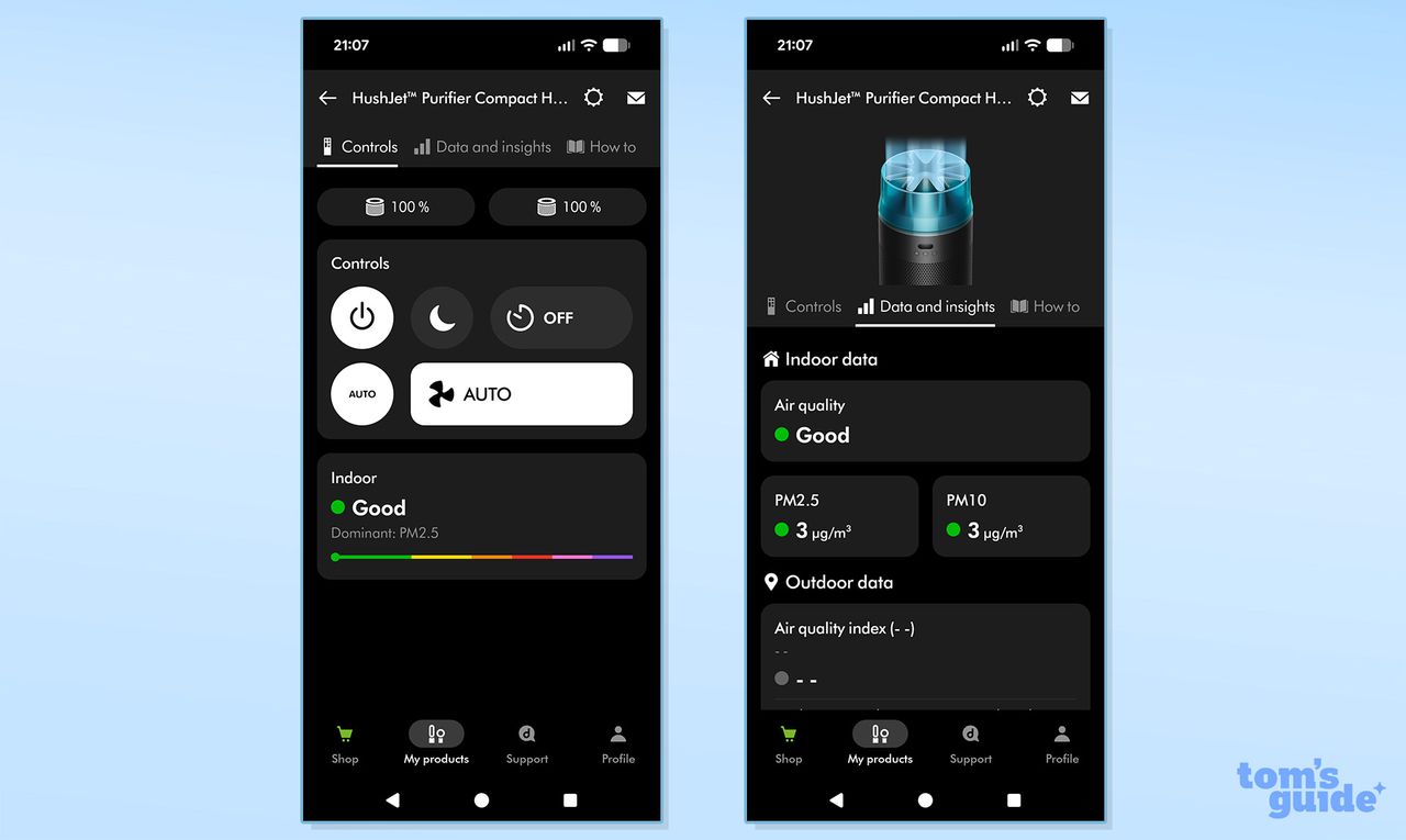 Dyson Hushjet air purifier app screenshots
