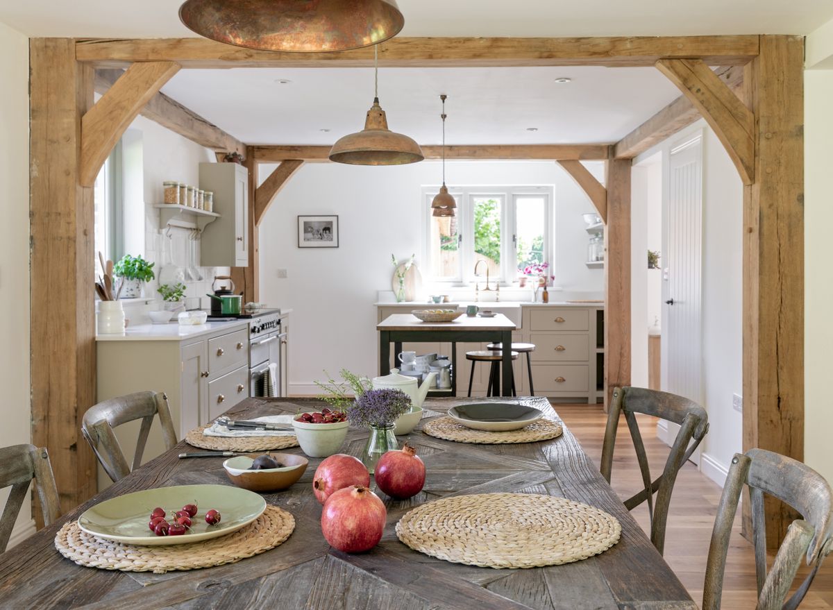 open plan kitchen diner in oak frame home
