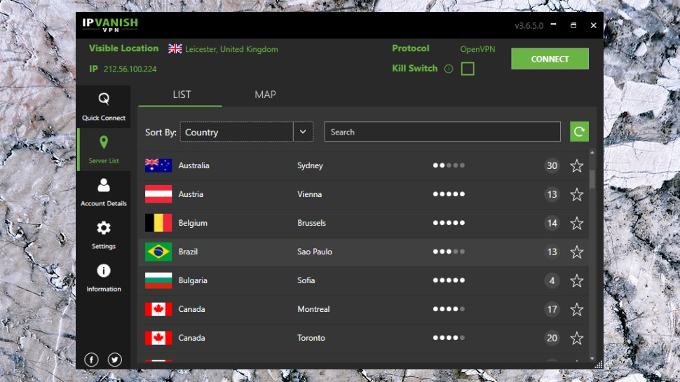 En skärmdump från IPVanish som visar listan över tillgängliga platser.