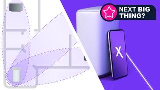 A diagram showing a Wi-Fi router with motion-sensing powers, next to an Xfinity router on a purple background