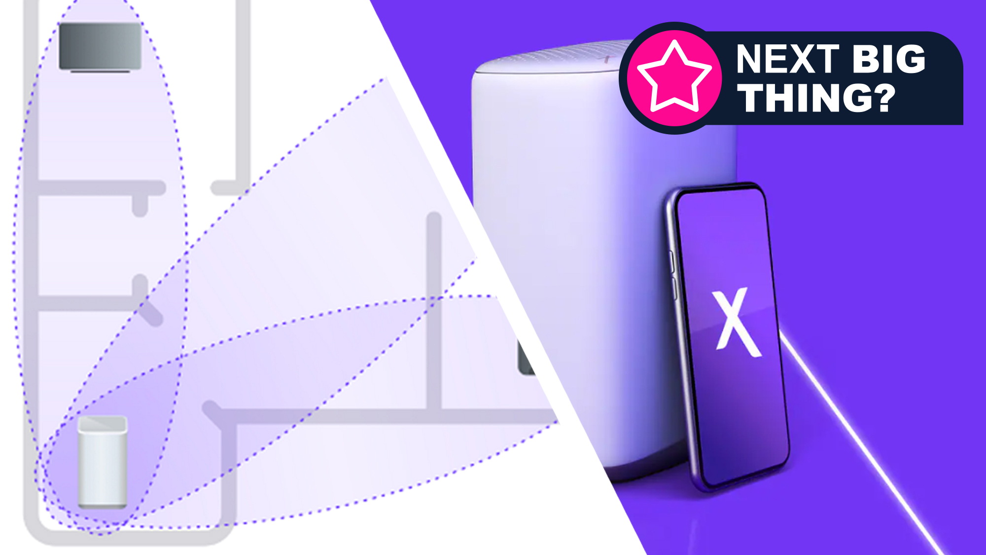A diagram showing a Wi-Fi router with motion-sensing powers, next to an Xfinity router on a purple background