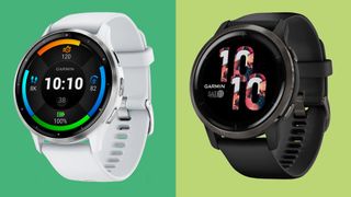 Garmin Venu 2 and Garmin Venu 3 watches on green background