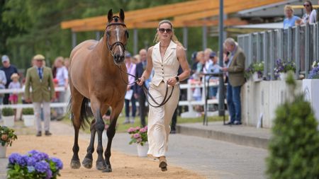 Pictured British rider Caroline Harris and horse D.Day at the Luhm&uuml;hlen Horse Trials first trot-up.