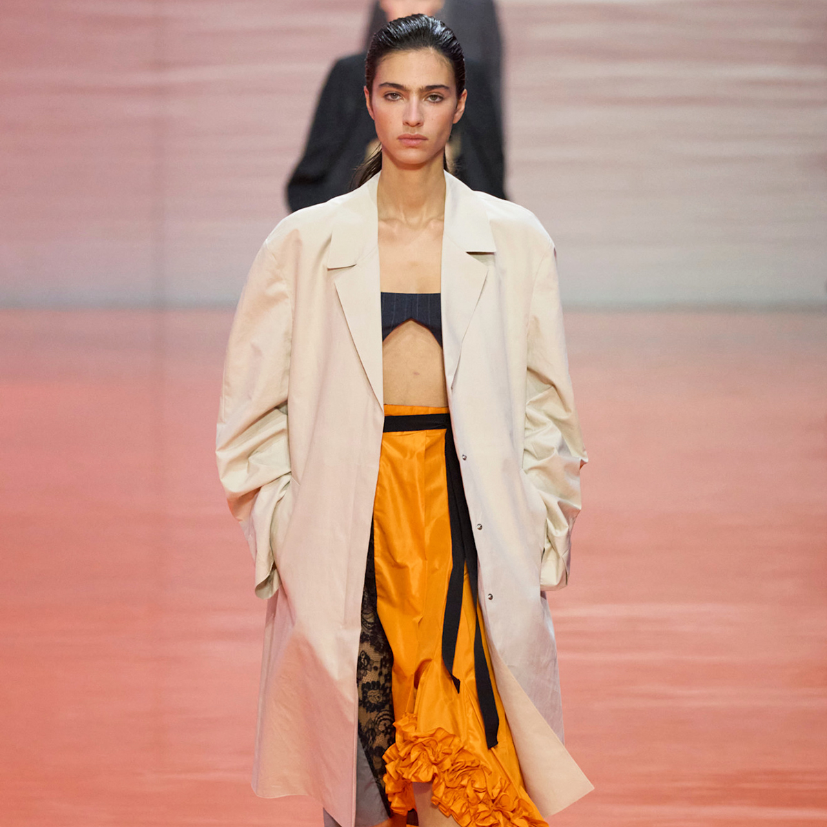Prada S/S 26 runway orange skirt