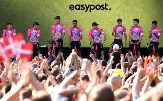 EF Education Easypost team riders attend the cycling teams presentation two days ahead of the 2022 Tour de France