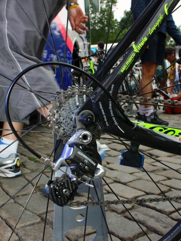 The looped rear end of Lampre-Vini Farnese's Wilier Cento 1 SL frames include replaceable derailleur hangers.
