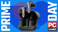 A pair of EarFun Air Pro 4+ gaming earbuds on a custom PC Gamer Prime Day background.