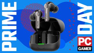 A pair of EarFun Air Pro 4+ gaming earbuds on a custom PC Gamer Prime Day background.