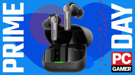 A pair of EarFun Air Pro 4+ gaming earbuds on a custom PC Gamer Prime Day background.