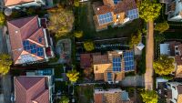 Overhead shot of homes with solar panels