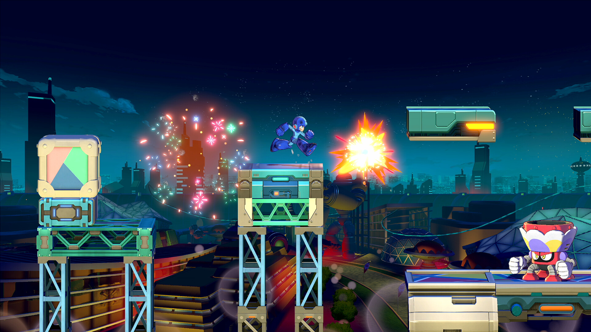 In Mega Man: Dual Override, protagonist Mega Man jumps across a futuristic platforming level as a robotic enemy fires shots from the ground below