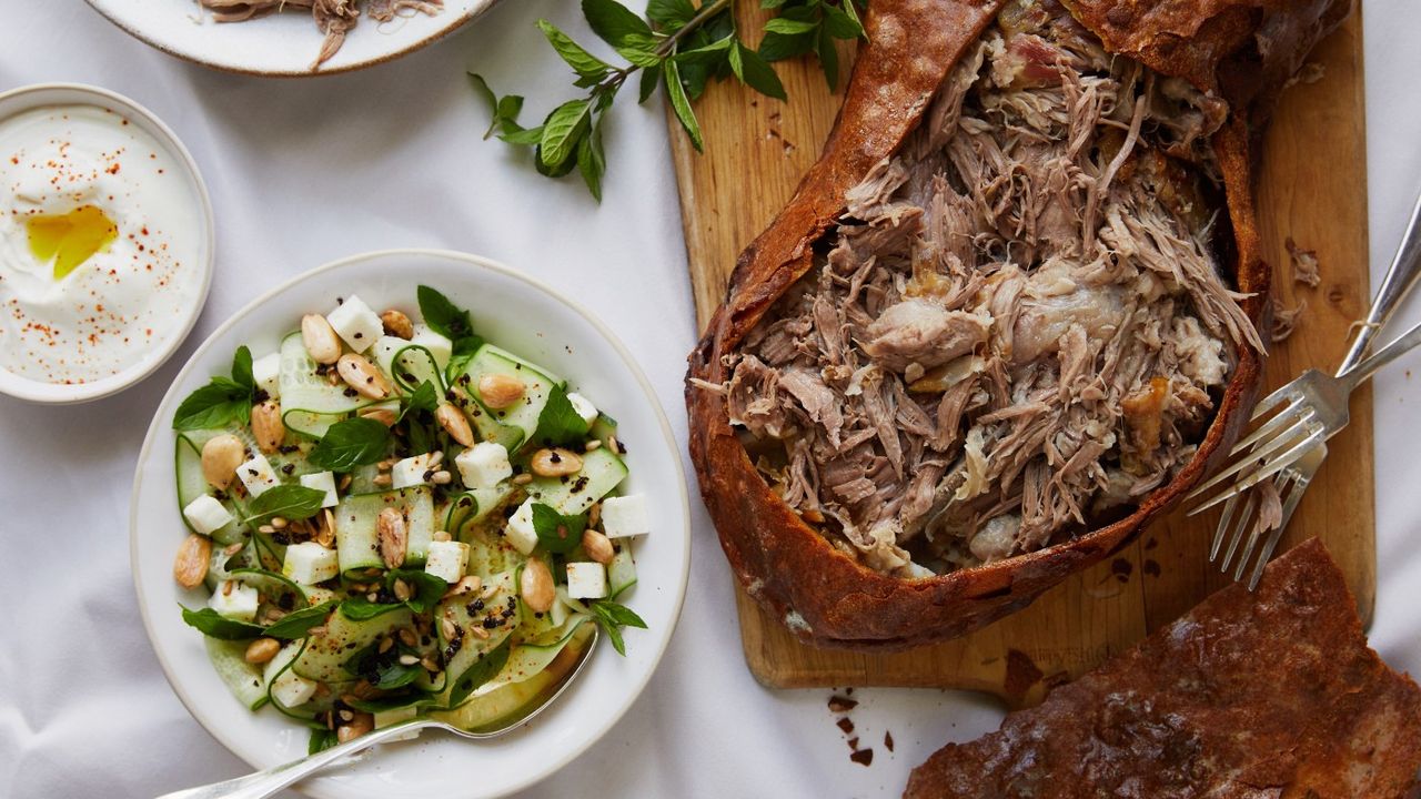 Salt baked lamb shoulder with English feta, cucumber and mint salad