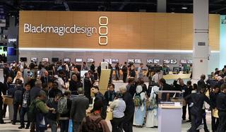Attendees crowd the Blackmagic Design booth in the South Lower Hall.