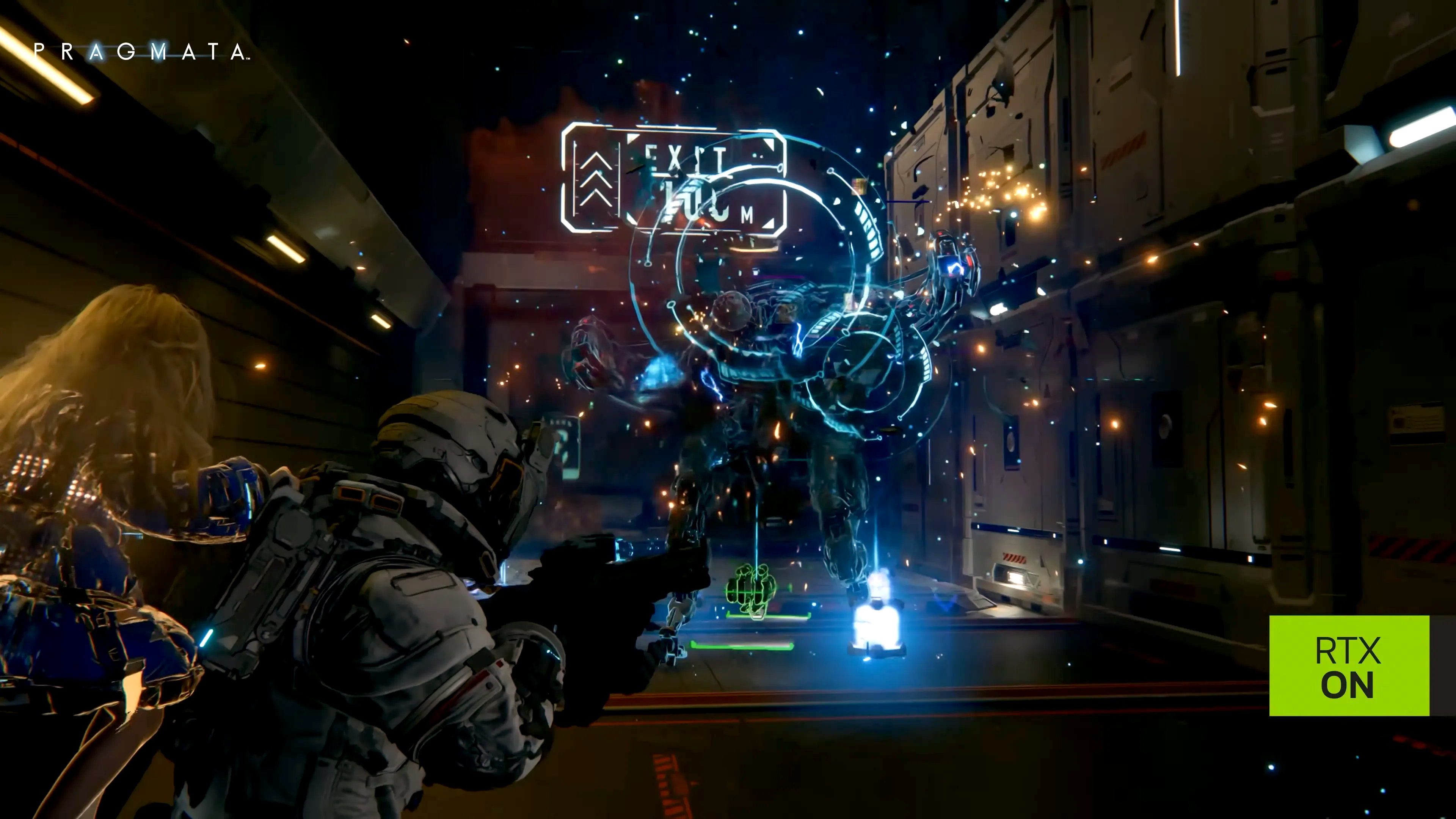A screenshot of a promotional video created by Nvidia, using Capcom's Pragmata, to demonstrate the use of DLSS 4.5 Ray Reconstruction