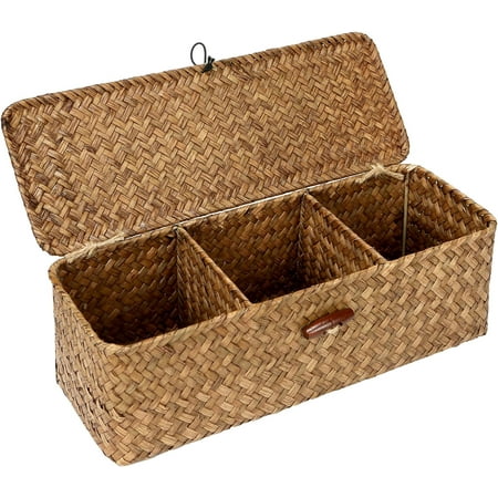 Wicker Storage Bins With Lid Wicker Storage Baskets With 3 Compartments for Organizing, Woven Shelf Organizer Bins Home Utility Organizer Box for Cosmetics, Home & Office Supplies (khaki)