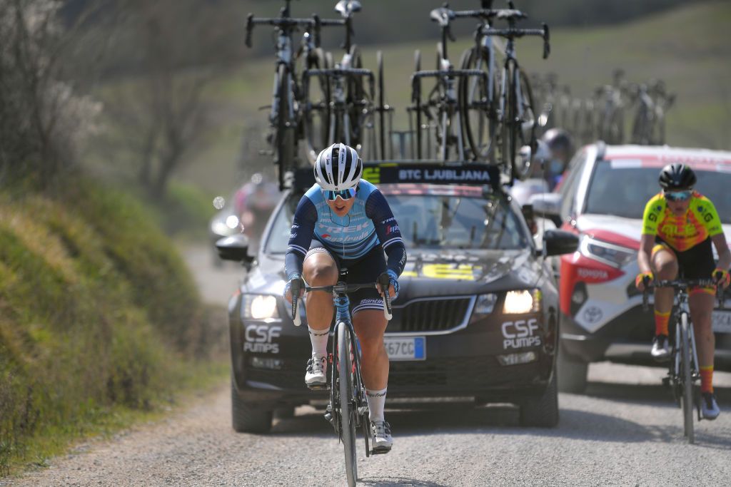 SIENA ITALY MARCH 06 Chloe Hosking of Australia and Team Trek Segafredo during the Eroica 7th Strade Bianche 2021 Womens Elite a 136km race from Siena to Siena Piazza del Campo Gravel strokes StradeBianche on March 06 2021 in Siena Italy Photo by Luc ClaessenGetty Images