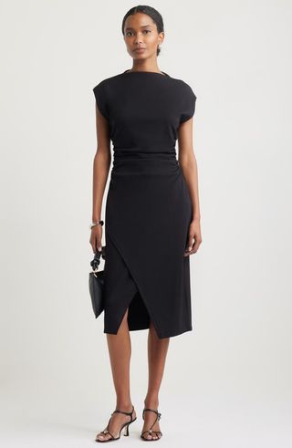 Ruched Funnel Neck Midi Dress