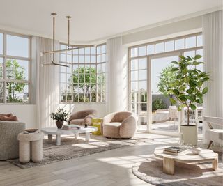 White framed windows, wooden tables, pink armchairs