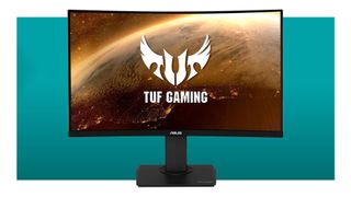 The Asus TUF VG32VQ gaming monitor front on on a blue background.