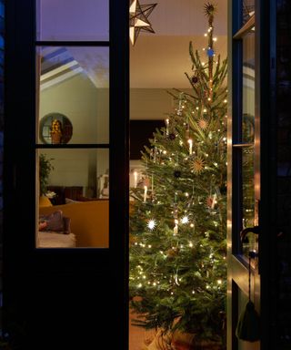 a cozy green living room with patio doors and a softly glowing christmas tree decorated with stars and bows