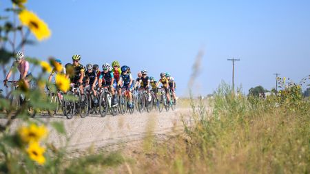 A junior peloton during a gravel race