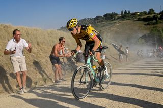 Belgian Wout Van Aert of Team JumboVisma pictured in action during the Strade Bianche one day cycling race 184km men from and to Siena Italy Saturday 01 August 2020 BELGA PHOTO DIRK WAEM Photo by DIRK WAEMBELGA MAGAFP via Getty Images