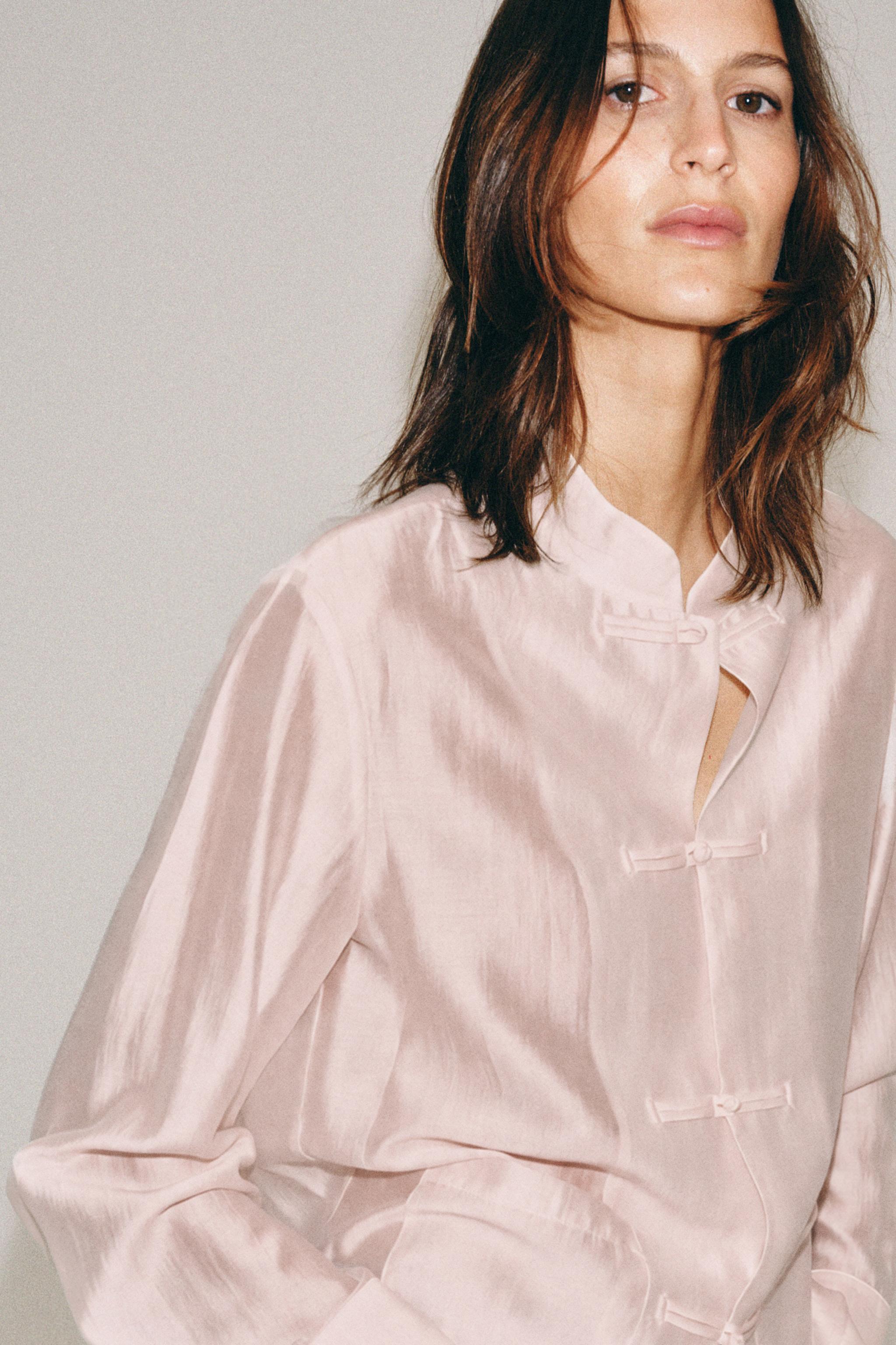 Satin Effect Frog Fastening Shirt Zw Collection - Pastel Pink - Xs