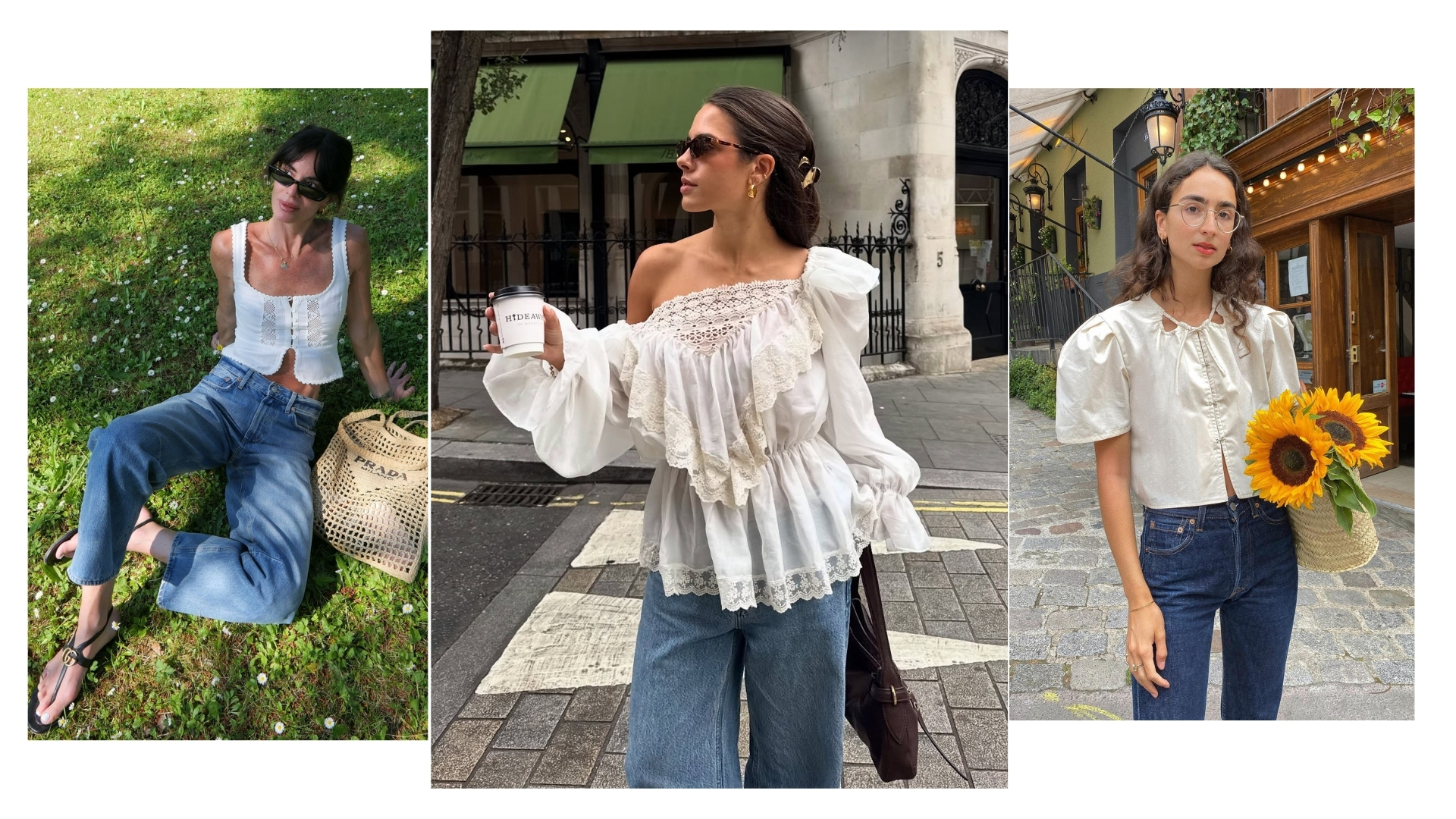 collage showing the best white blouses to wear with jeans 