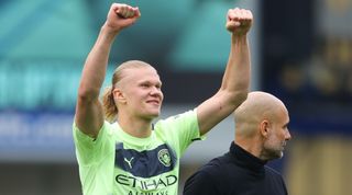 Erling Haaland of Manchester City celebrates at full-time of the Premier League match between Everton and Manchester City at Goodison Park on May 14, 2023 in Liverpool, England.