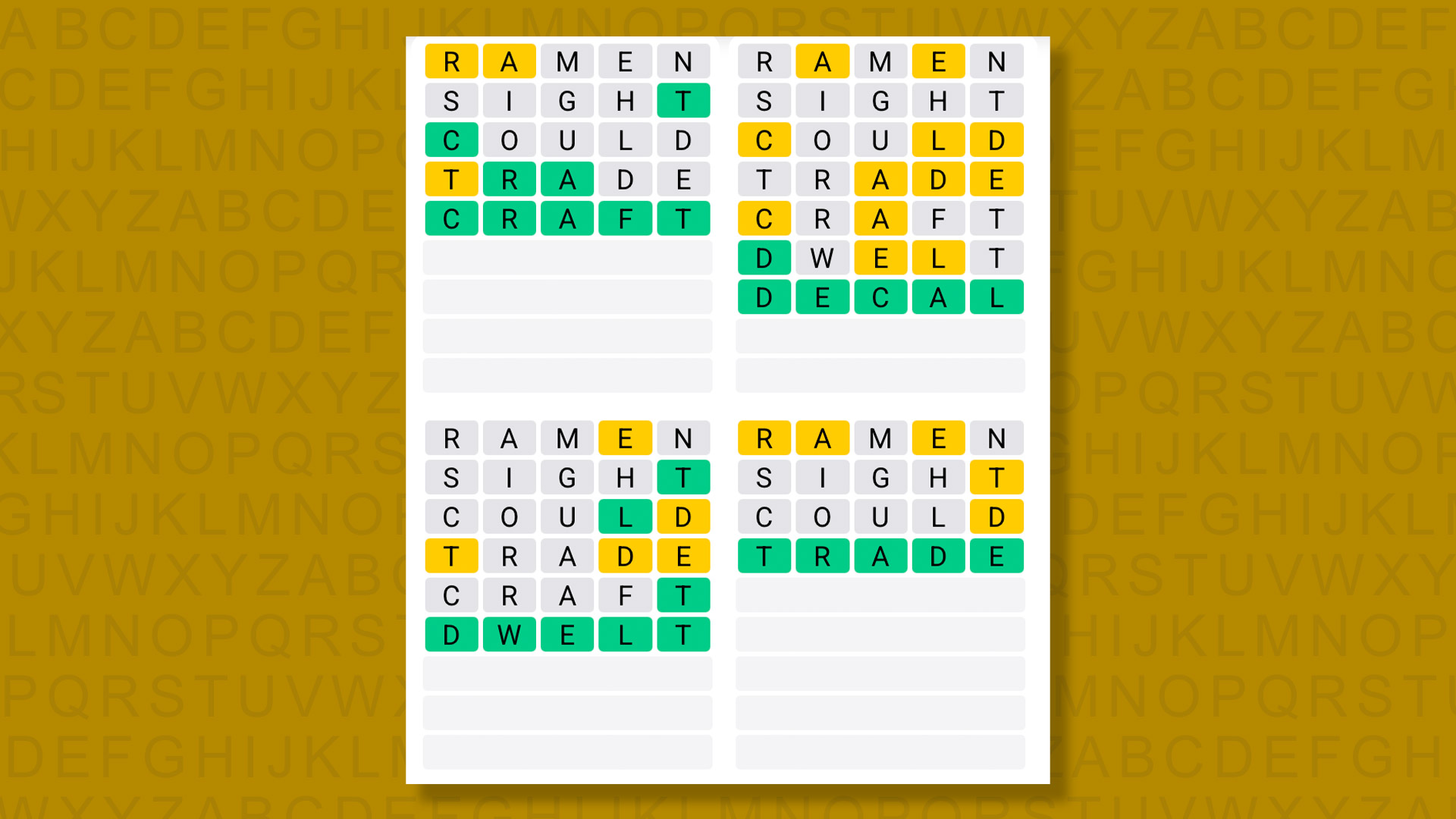 Quordle answers for game 1446 on a yellow background