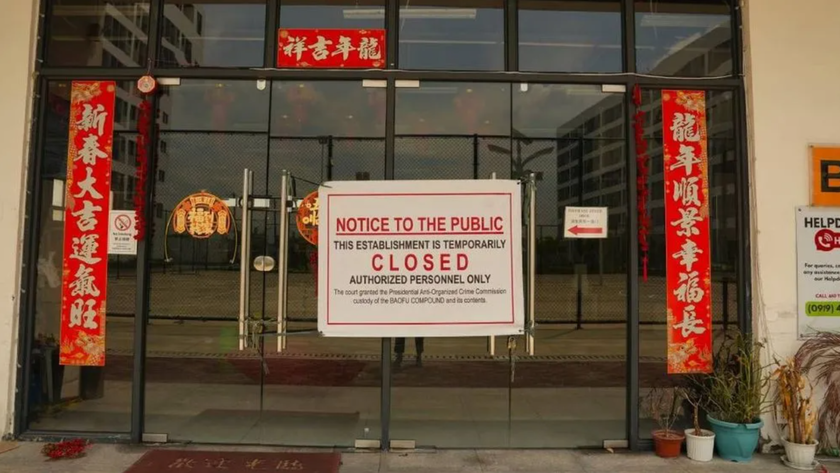 The entrance to a scam compound in Bamban, the Philippines, that was raided in March 2024. 