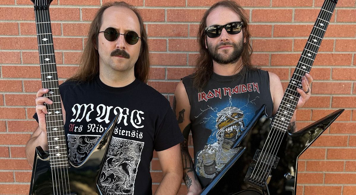 Blood Incantation&#039;s Paul Riedl [left] and Morris Kolontyrsky wear dark sunglasses and hold black BC Rich Ironbirds, a guitar Kolontyrsky says is surprisingly suitable for David Gilmour-style solos.