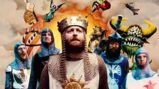 Monty Python and the Holy Grail cast dressed as knights with cartoon figures behind them.