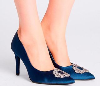 A pair of velvet blue heels from M&S with embellishment detail on the toe
