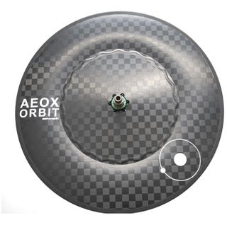 A rear Aeox disc wheel sits on a white background